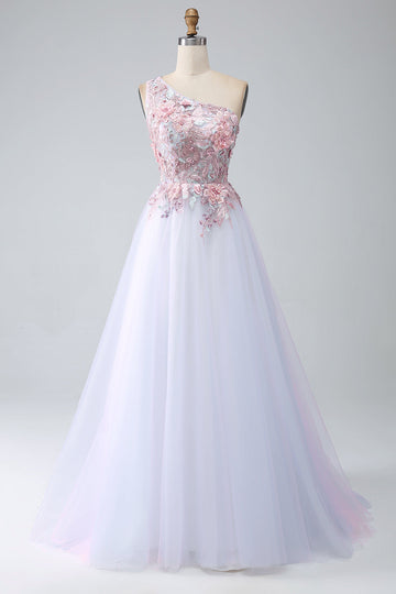 A-Line One Shoulder Pink Prom Dress con applicazioni